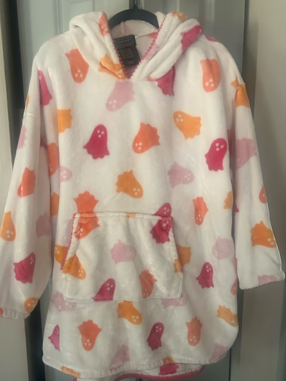 Plush Hooded Pullover with Ghost Print - White/Pink/Orange